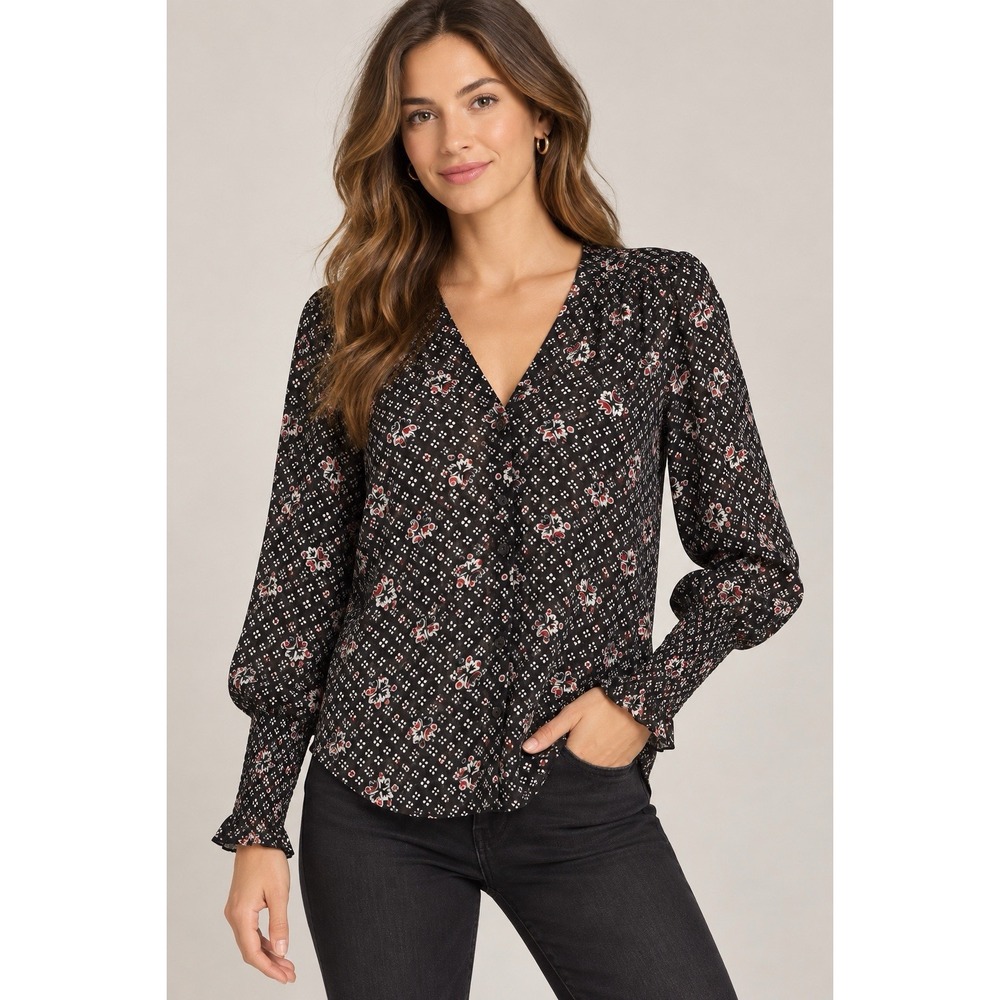Veronica Beard Maree Top Size 2 100% Silk Floral Blouse Smocked Cuff Black